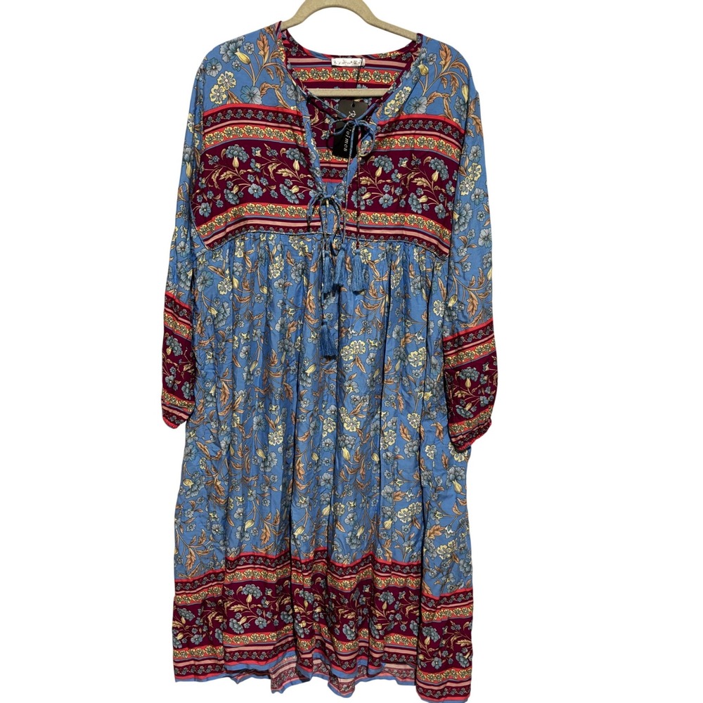 New R.Vivimos Blue Floral Midi Dress Tassel Tie V-Neck Boho peasant sz XL 16/18